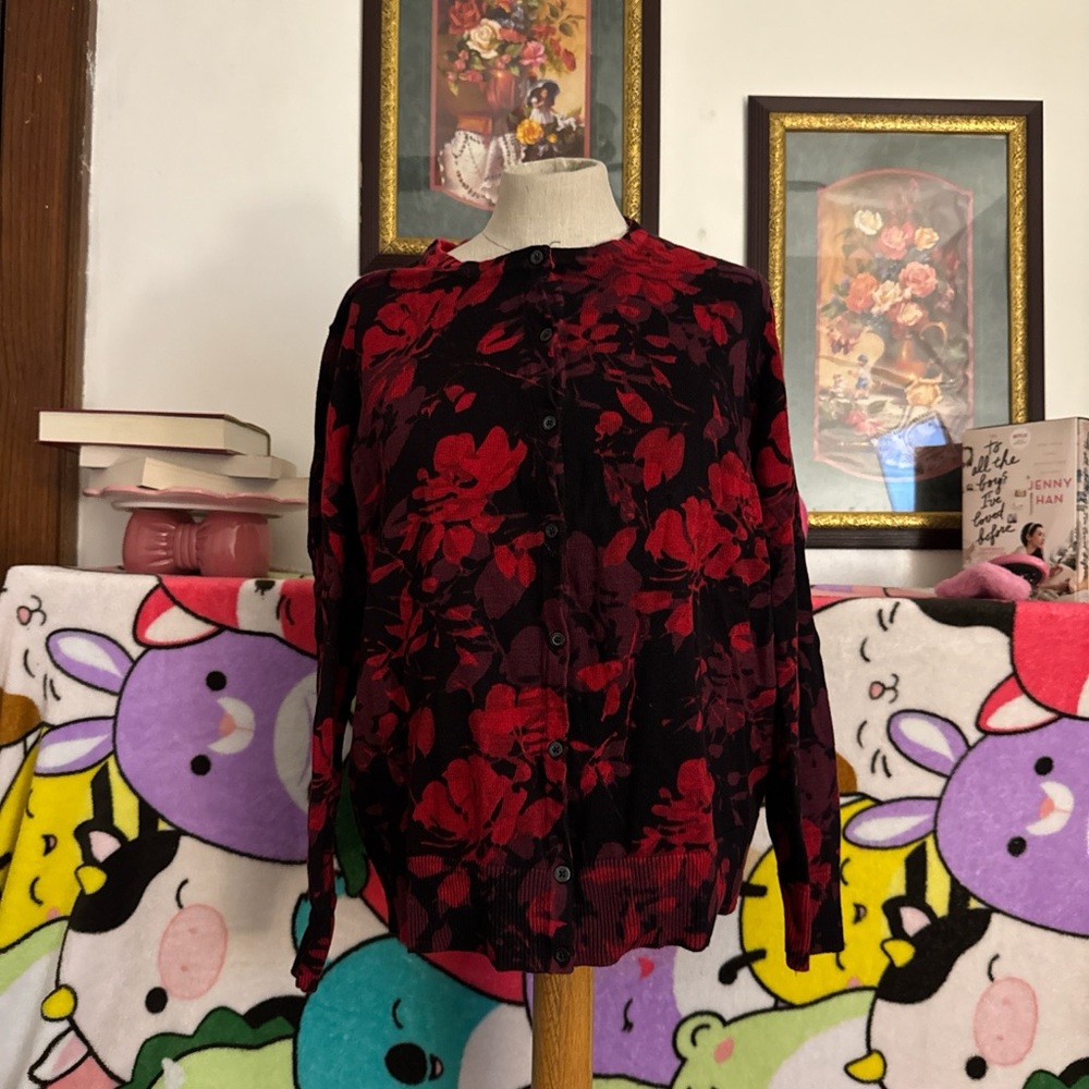 Red floral cardigan